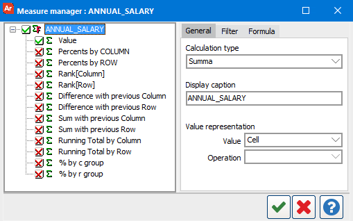 This image shows the Measure manager for the quantity measure. This dialog contains General, Filter, and Formula tabs.  